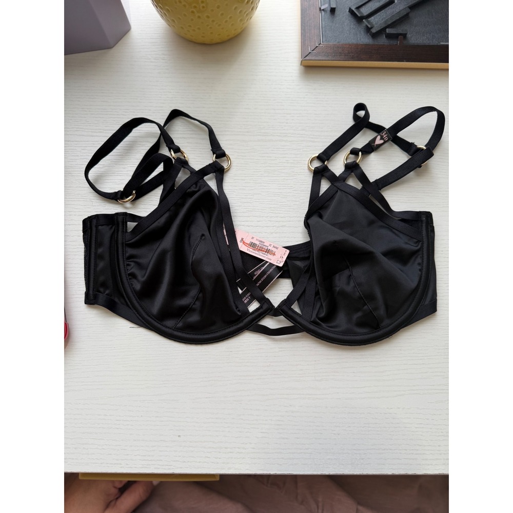 NWT Victoria's Secret Black Unlined Bra Gold Hardware Cage‎ Strap 34D